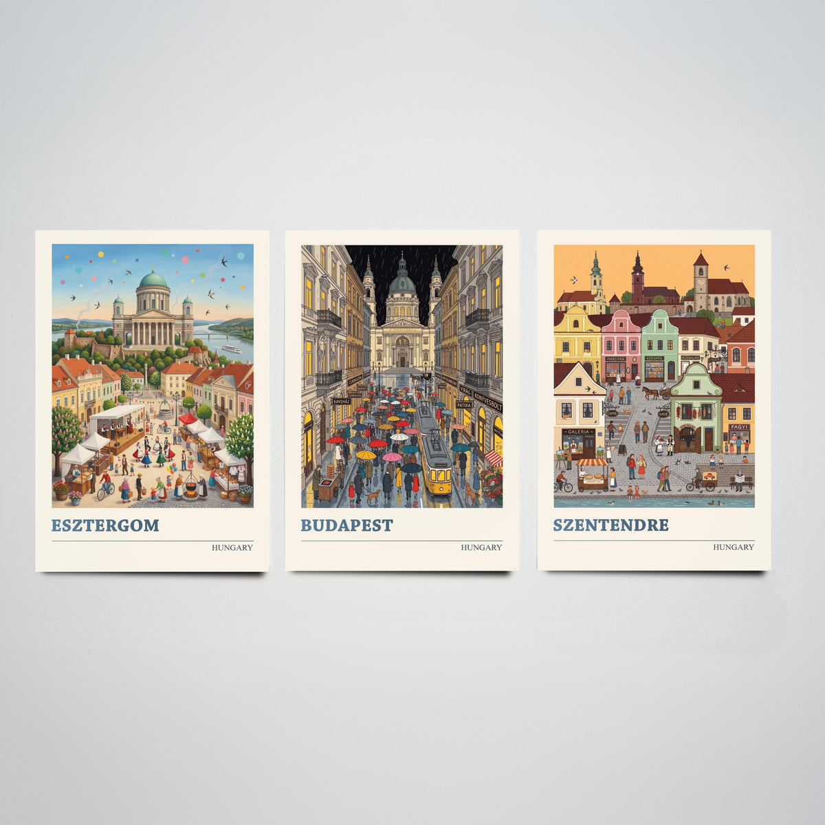 Hungary Set of Three Art Prints - Esztergom, Budapest, Szentendre - 3 Colourful Folk Illustration Travel Posters - Hungarian Painting