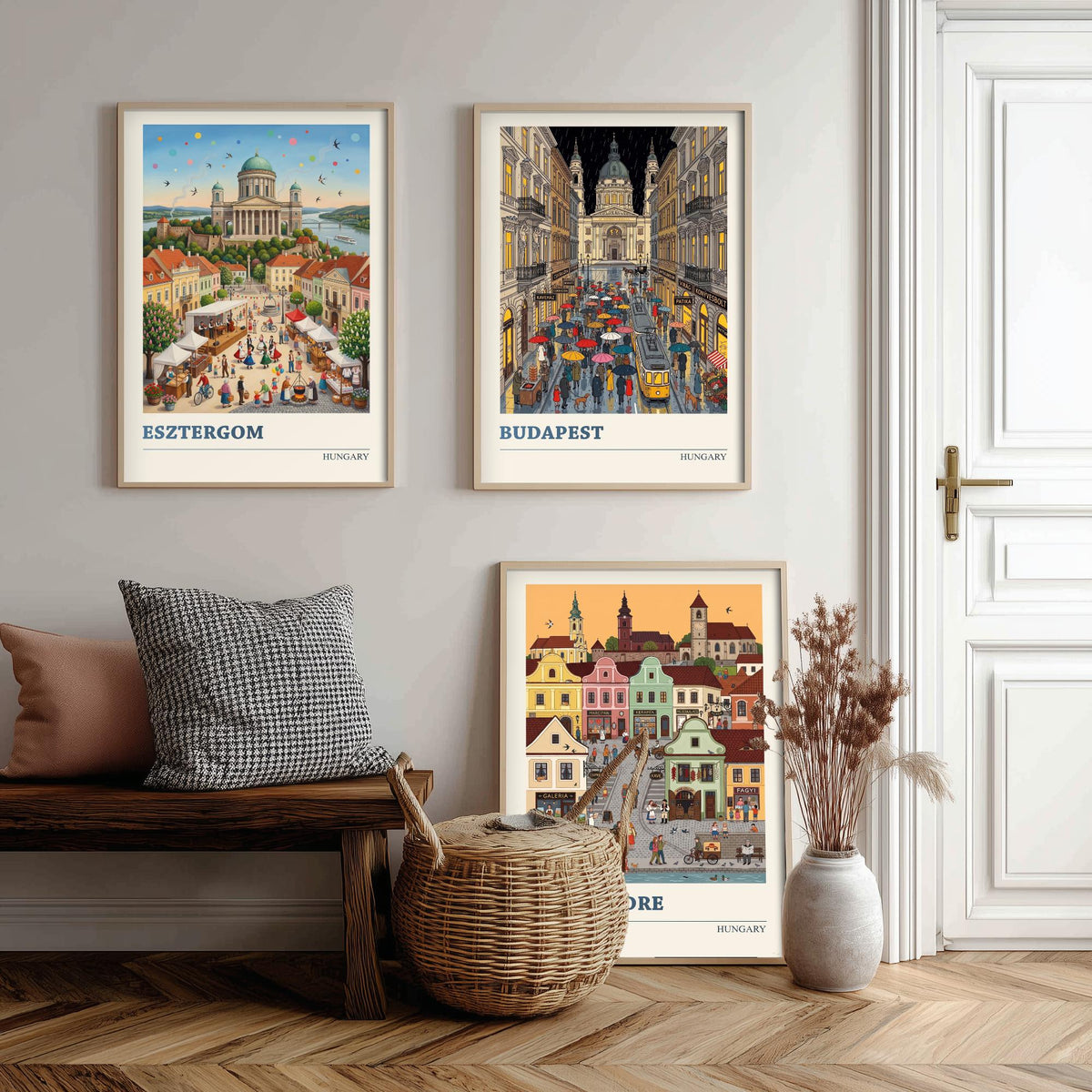 Hungary Set of Three Art Prints - Esztergom, Budapest, Szentendre - 3 Colourful Folk Illustration Travel Posters - Hungarian Painting