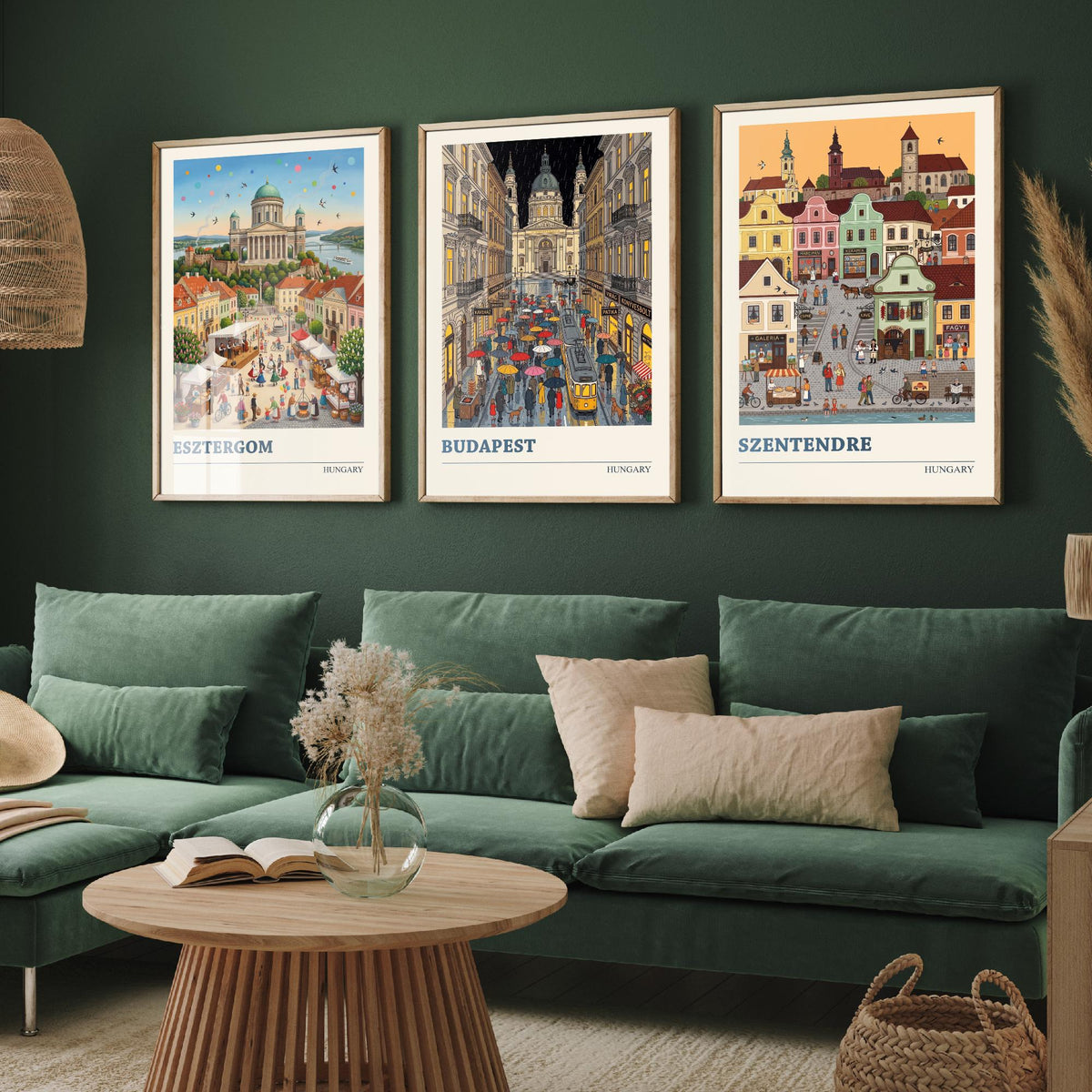 Hungary Set of Three Art Prints - Esztergom, Budapest, Szentendre - 3 Colourful Folk Illustration Travel Posters - Hungarian Painting