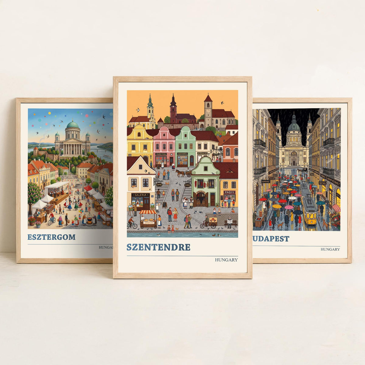 Hungary Set of Three Art Prints - Esztergom, Budapest, Szentendre - 3 Colourful Folk Illustration Travel Posters - Hungarian Painting