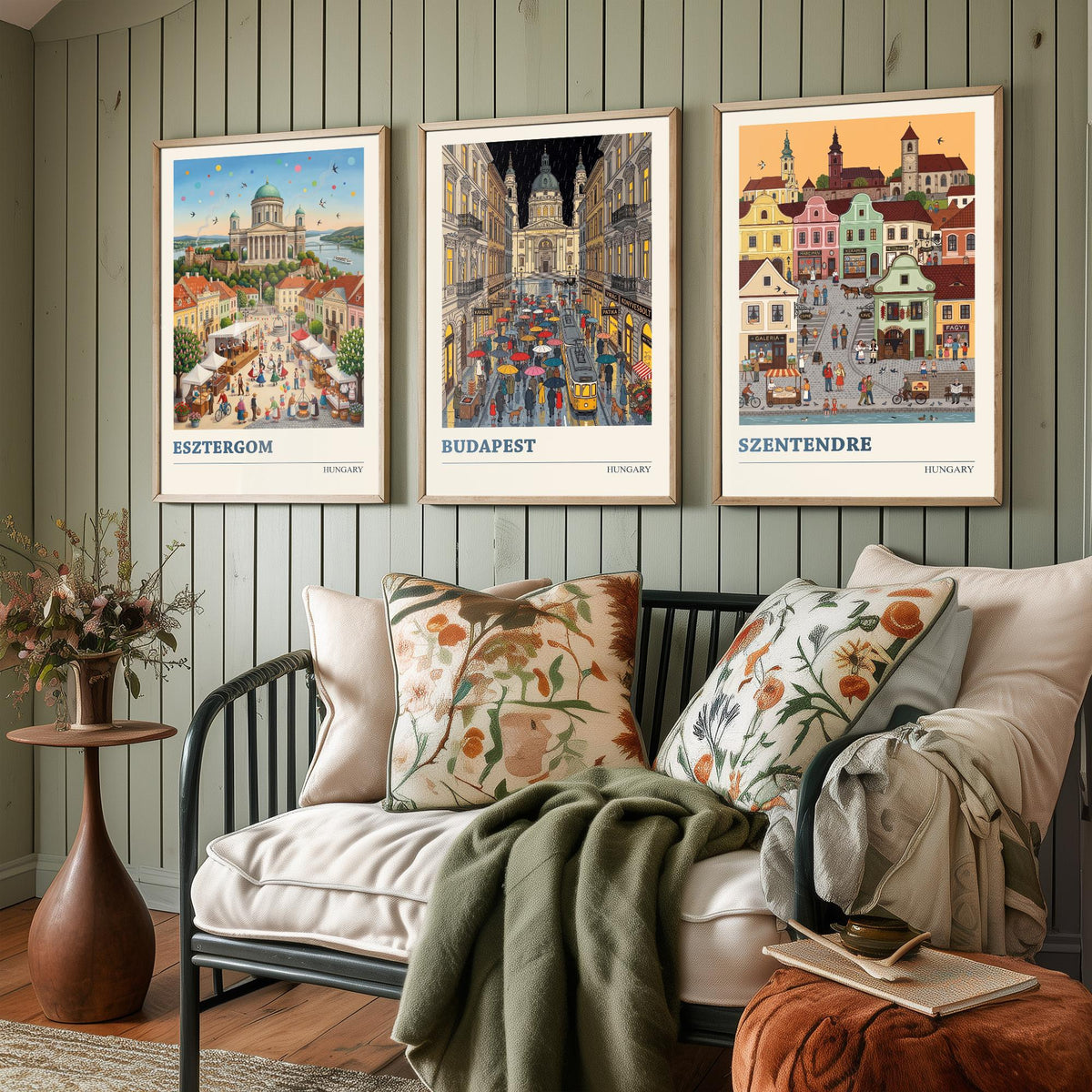 Hungary Set of Three Art Prints - Esztergom, Budapest, Szentendre - 3 Colourful Folk Illustration Travel Posters - Hungarian Painting