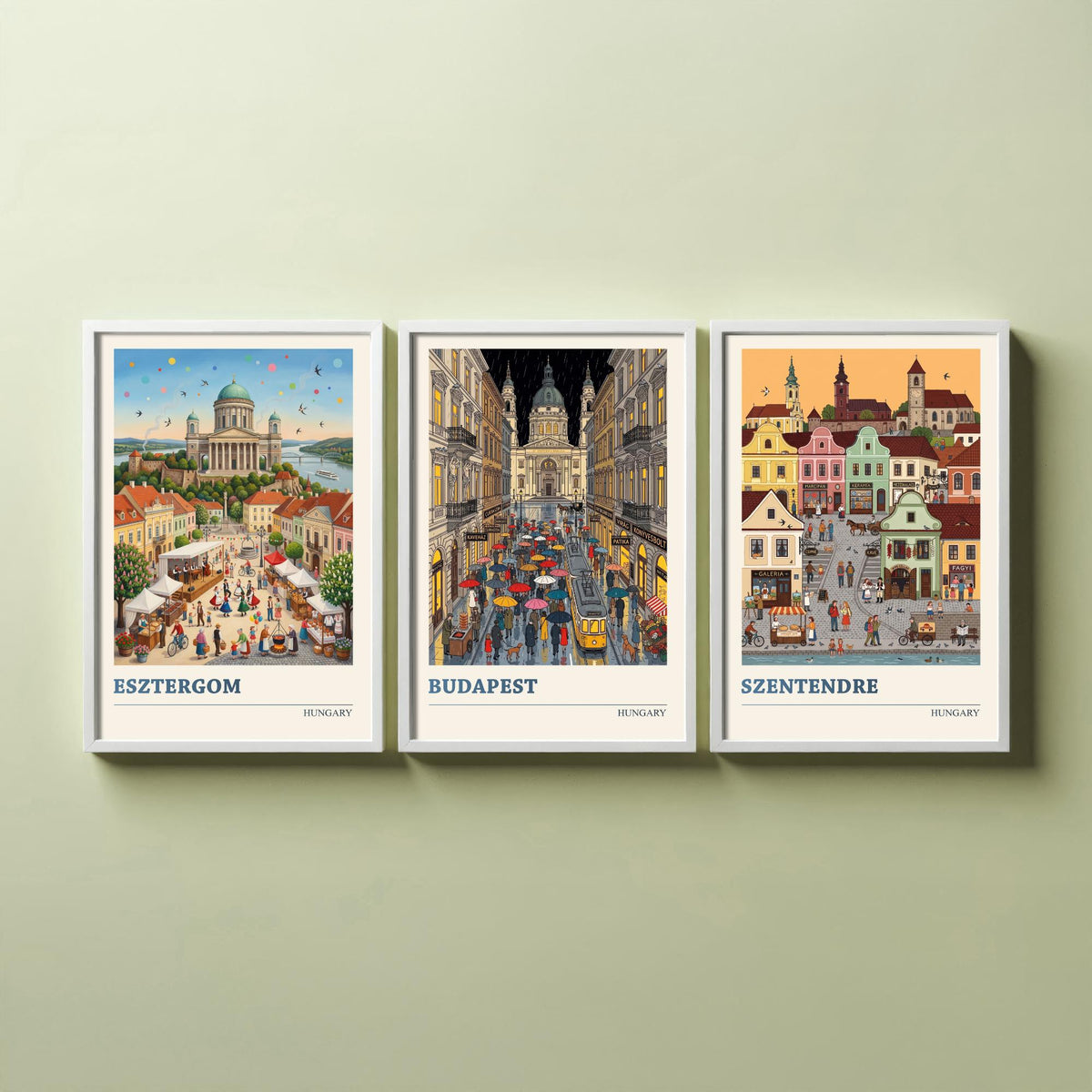 Hungary Set of Three Art Prints - Esztergom, Budapest, Szentendre - 3 Colourful Folk Illustration Travel Posters - Hungarian Painting