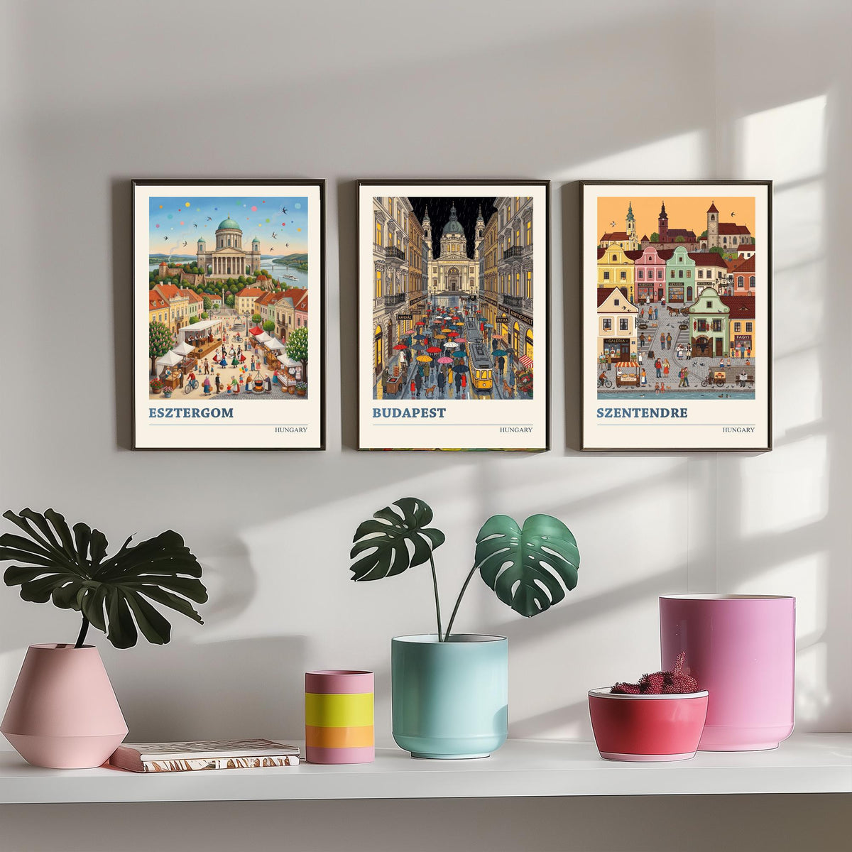 Hungary Set of Three Art Prints - Esztergom, Budapest, Szentendre - 3 Colourful Folk Illustration Travel Posters - Hungarian Painting