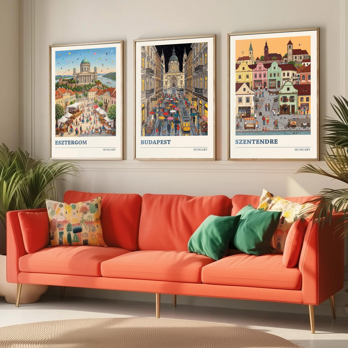 Hungary Set of Three Art Prints - Esztergom, Budapest, Szentendre - 3 Colourful Folk Illustration Travel Posters - Hungarian Painting