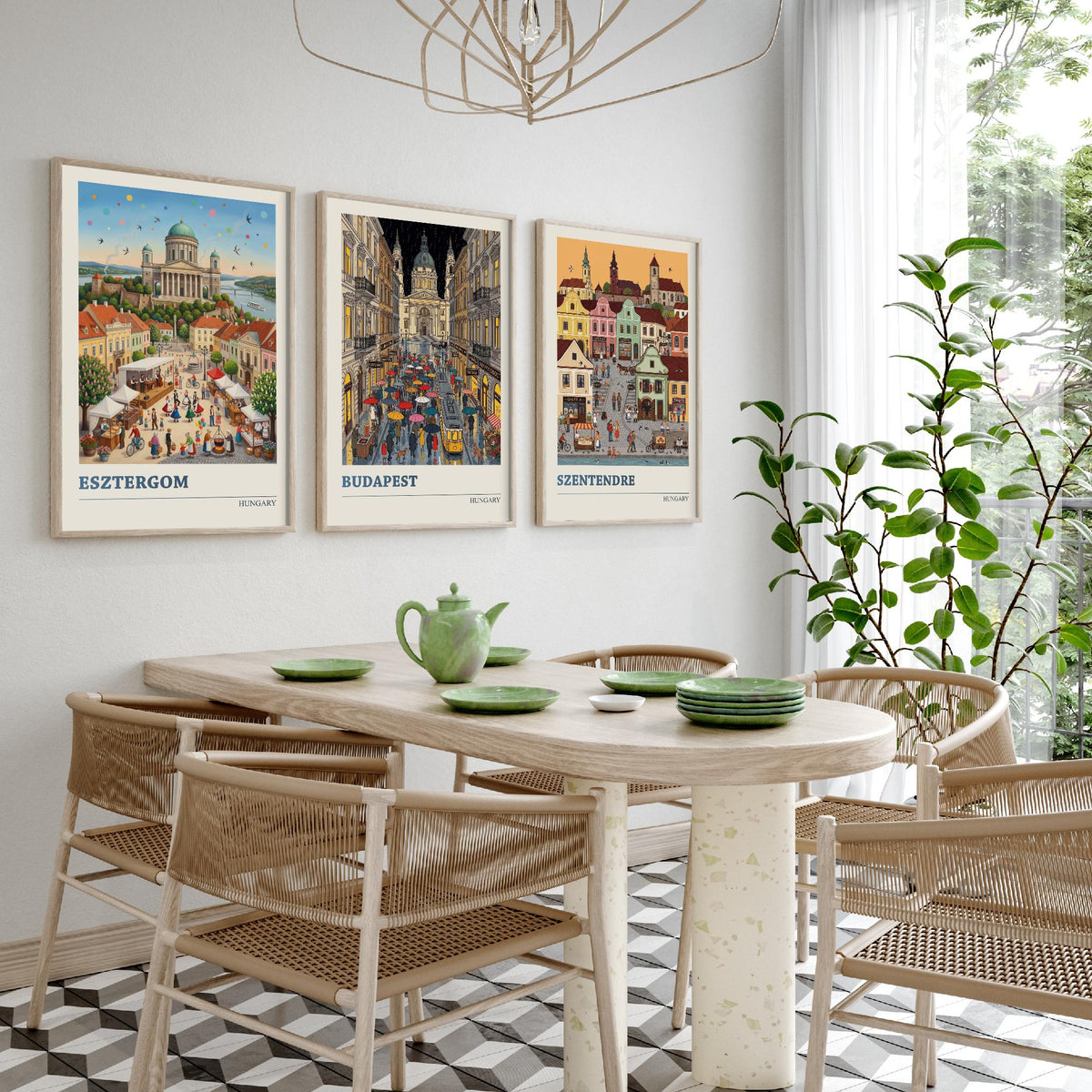Hungary Set of Three Art Prints - Esztergom, Budapest, Szentendre - 3 Colourful Folk Illustration Travel Posters - Hungarian Painting