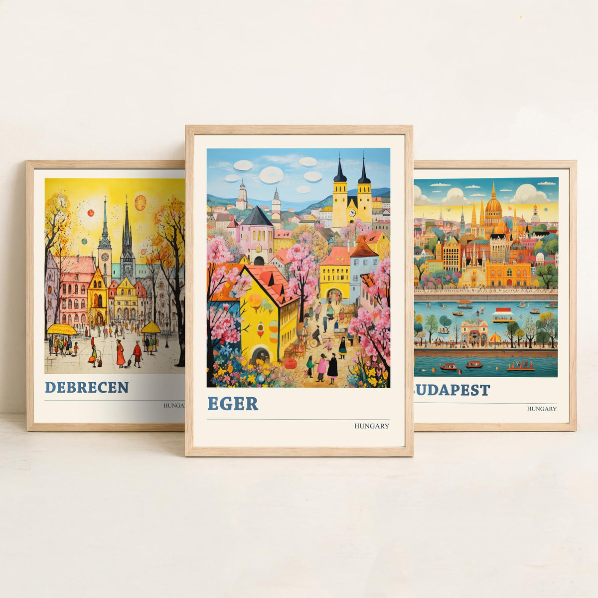 Hungary Set of Three Travel Posters - Debrecen, Budapest, Eger - Ludwig Folk Art Prints - Naive Painting