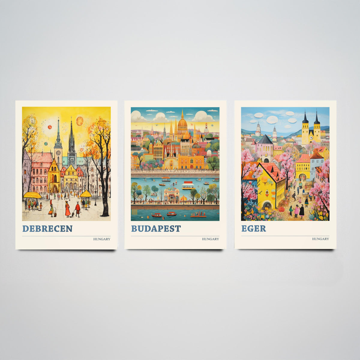 Hungary Set of Three Travel Posters - Debrecen, Budapest, Eger - Ludwig Folk Art Prints - Naive Painting