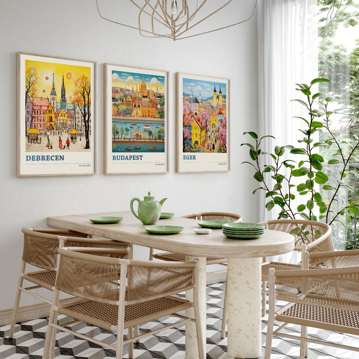Hungary Set of Three Travel Posters - Debrecen, Budapest, Eger - Ludwig Folk Art Prints - Naive Painting