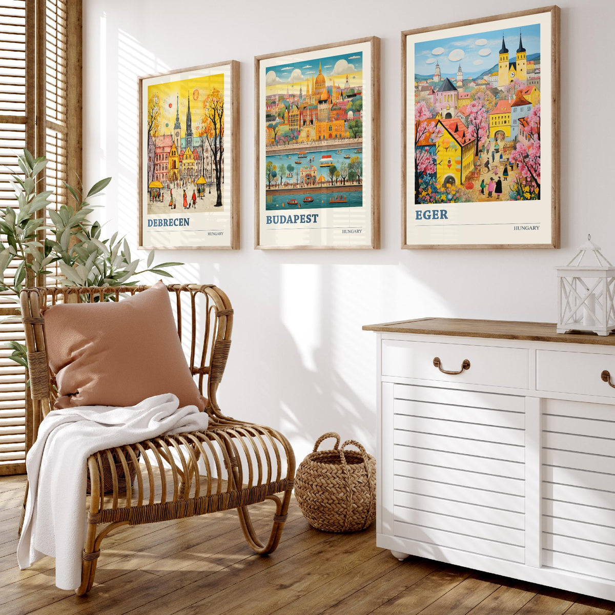 Hungary Set of Three Travel Posters - Debrecen, Budapest, Eger - Ludwig Folk Art Prints - Naive Painting