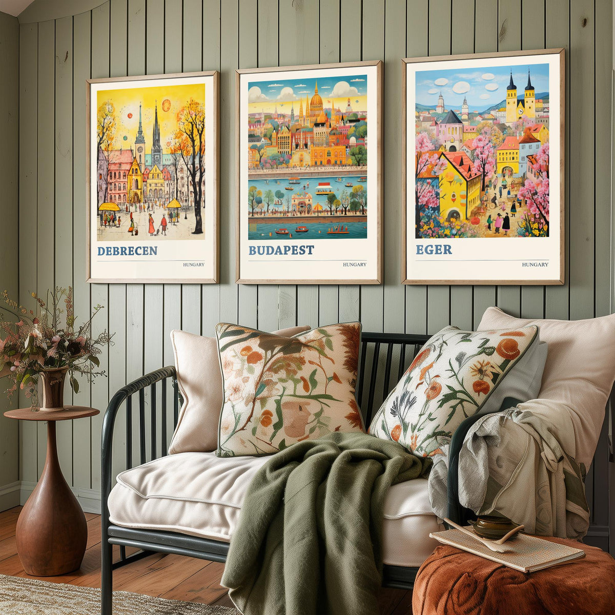 Hungary Set of Three Travel Posters - Debrecen, Budapest, Eger - Ludwig Folk Art Prints - Naive Painting