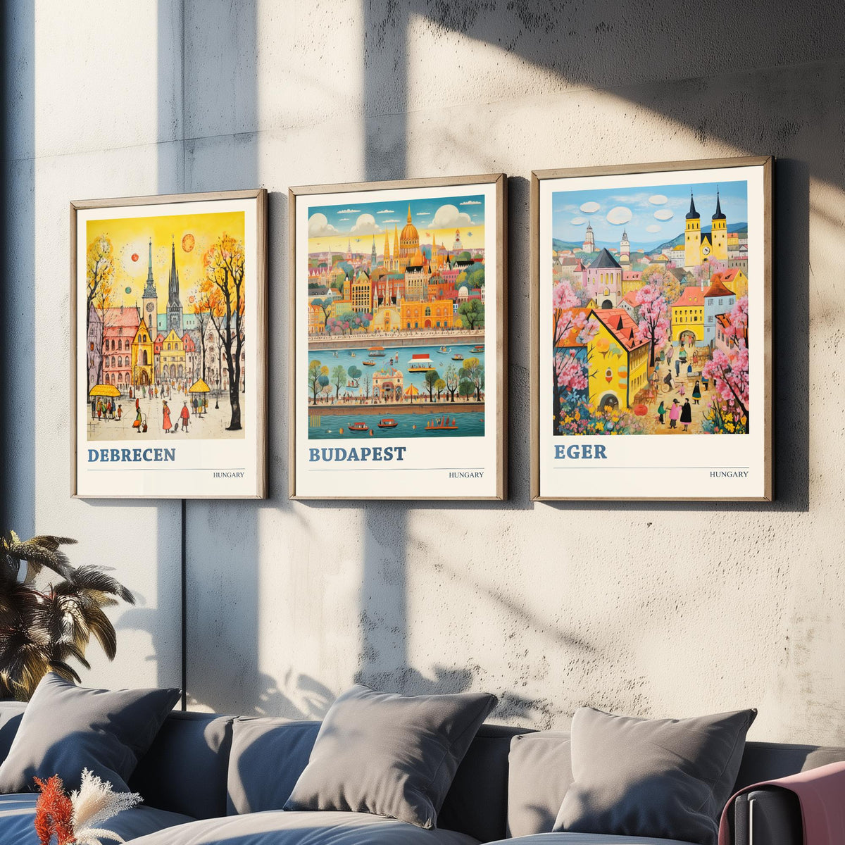 Hungary Set of Three Travel Posters - Debrecen, Budapest, Eger - Ludwig Folk Art Prints - Naive Painting