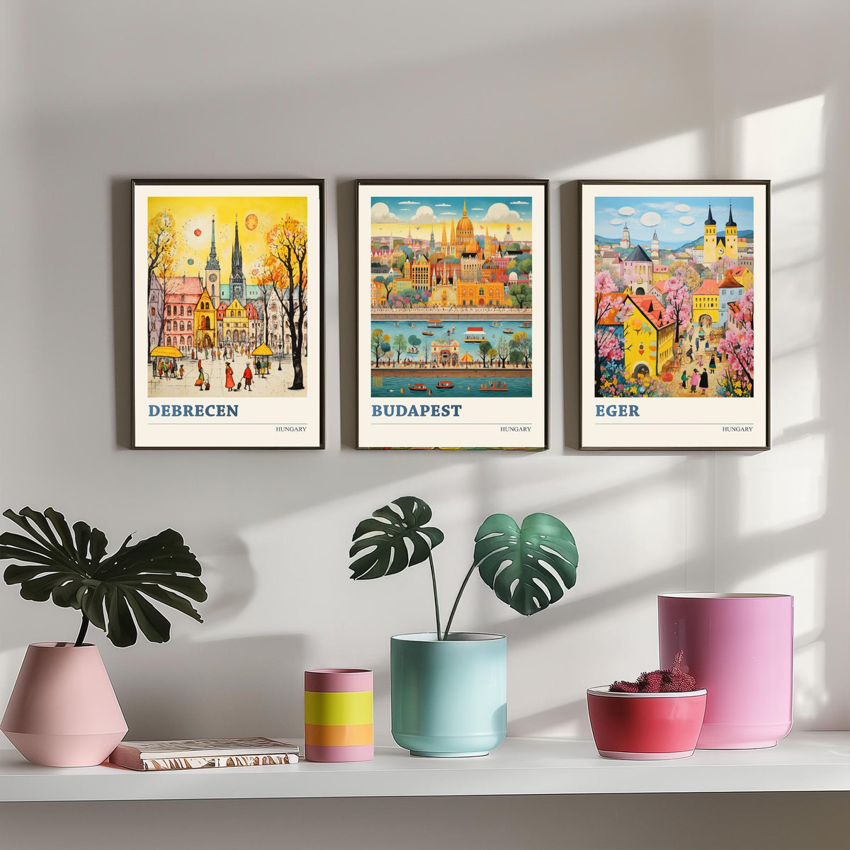Hungary Set of Three Travel Posters - Debrecen, Budapest, Eger - Ludwig Folk Art Prints - Naive Painting