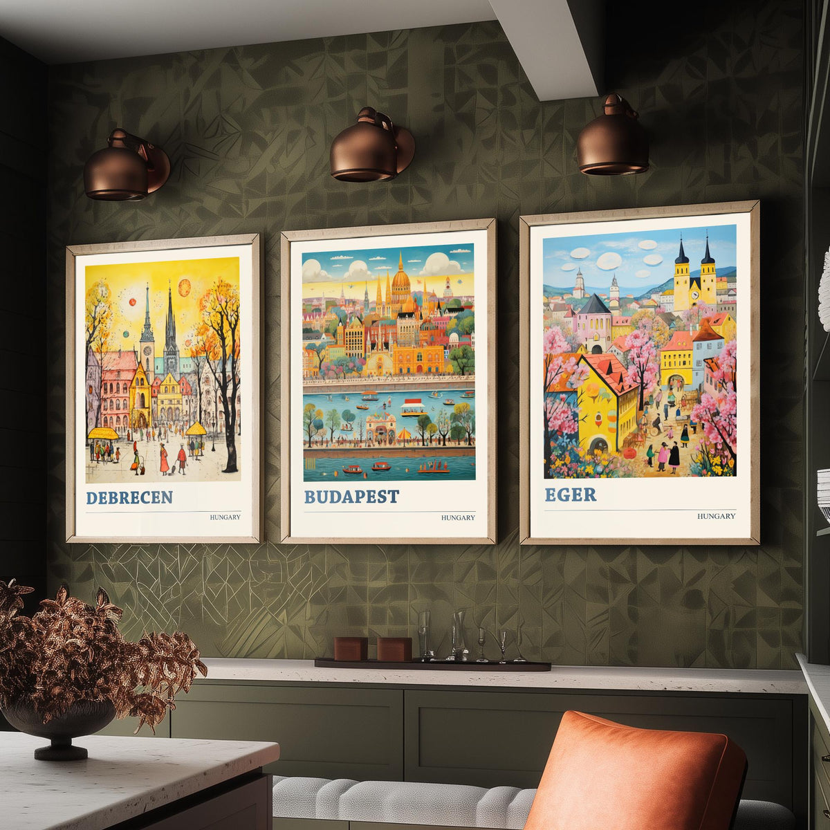 Hungary Set of Three Travel Posters - Debrecen, Budapest, Eger - Ludwig Folk Art Prints - Naive Painting