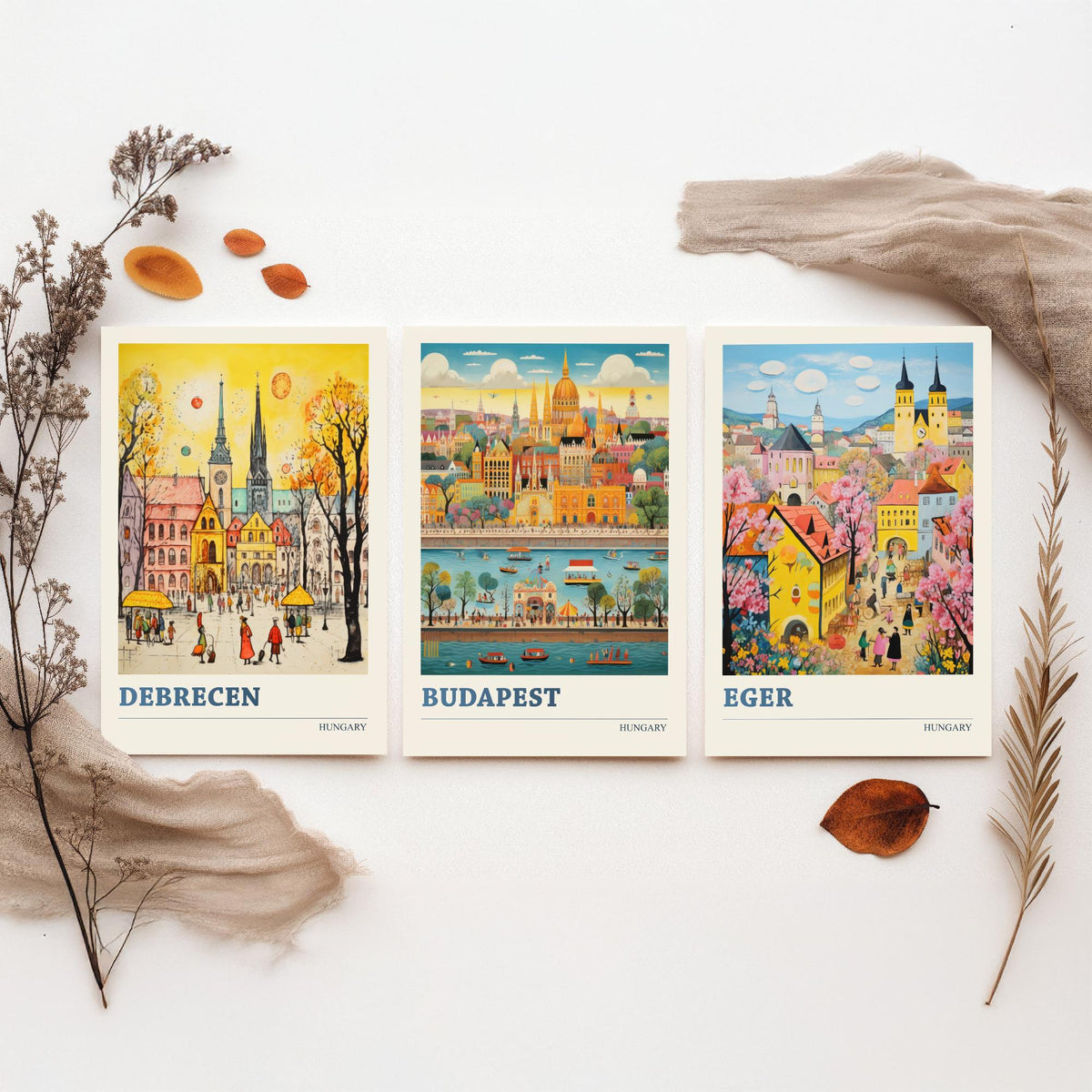 Hungary Set of Three Travel Posters - Debrecen, Budapest, Eger - Ludwig Folk Art Prints - Naive Painting