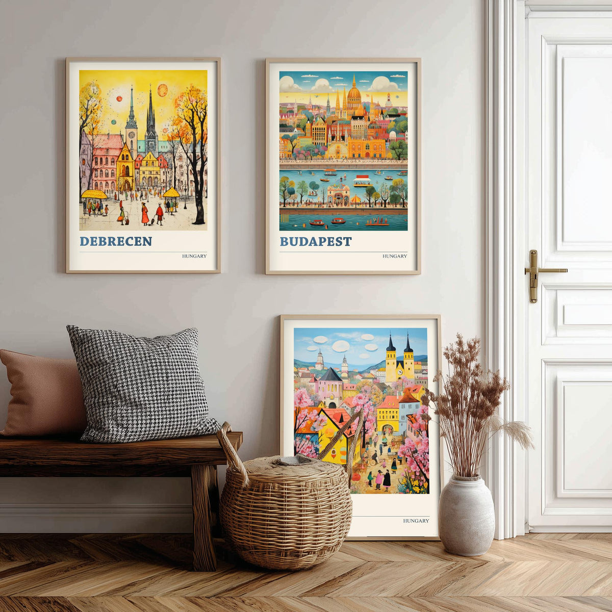 Hungary Set of Three Travel Posters - Debrecen, Budapest, Eger - Ludwig Folk Art Prints - Naive Painting
