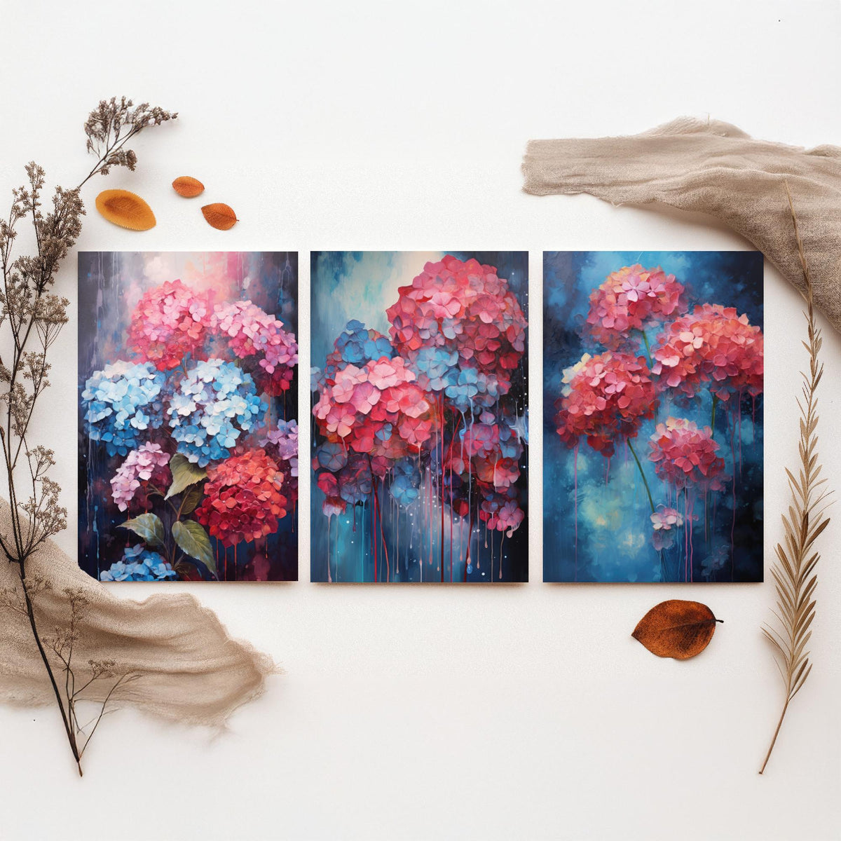 Hydrangeas Set of Three Art Prints - Pink, Coral and Blue Blooms on Navy - Abstract Floral Painting Poster