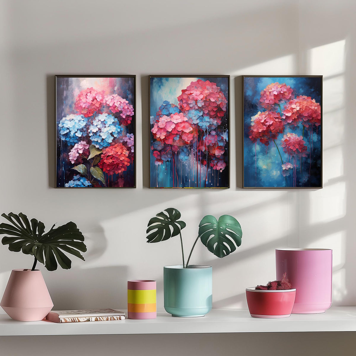 Hydrangeas Set of Three Art Prints - Pink, Coral and Blue Blooms on Navy - Abstract Floral Painting Poster