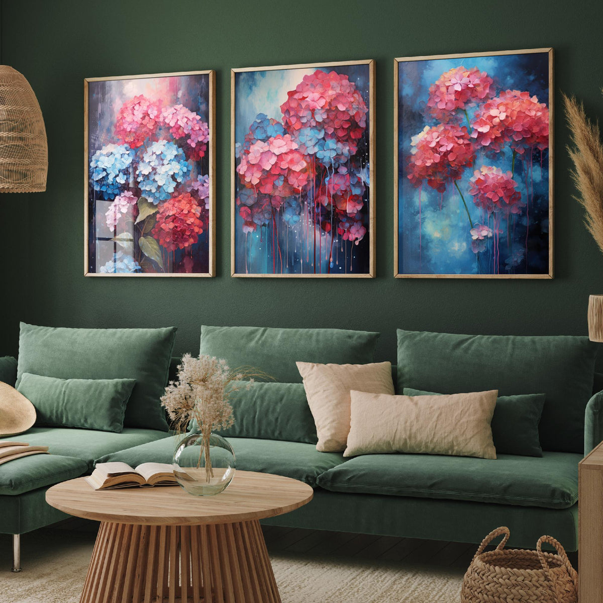Hydrangeas Set of Three Art Prints - Pink, Coral and Blue Blooms on Navy - Abstract Floral Painting Poster
