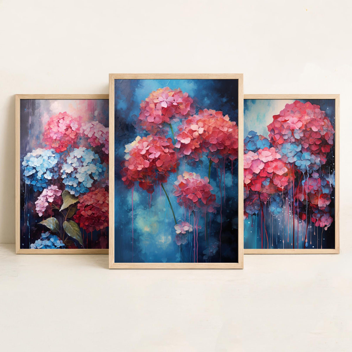 Hydrangeas Set of Three Art Prints - Pink, Coral and Blue Blooms on Navy - Abstract Floral Painting Poster