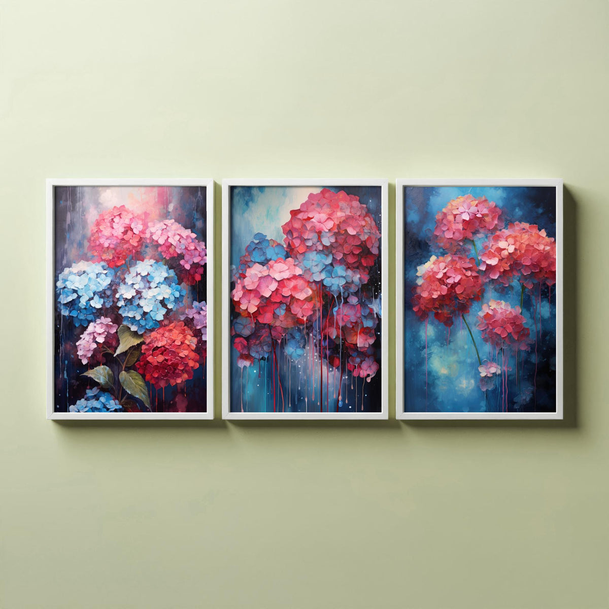 Hydrangeas Set of Three Art Prints - Pink, Coral and Blue Blooms on Navy - Abstract Floral Painting Poster
