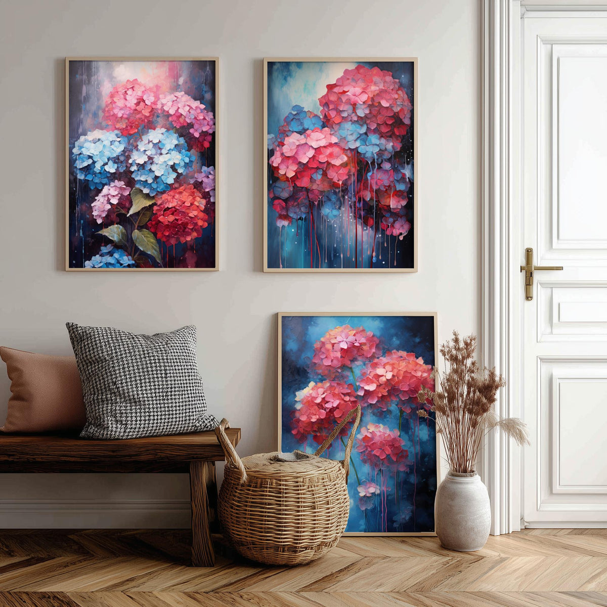 Hydrangeas Set of Three Art Prints - Pink, Coral and Blue Blooms on Navy - Abstract Floral Painting Poster