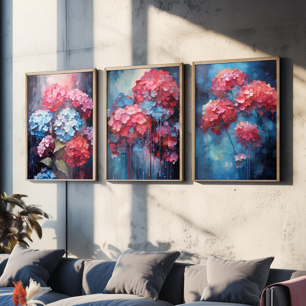 Hydrangeas Set of Three Art Prints - Pink, Coral and Blue Blooms on Navy - Abstract Floral Painting Poster