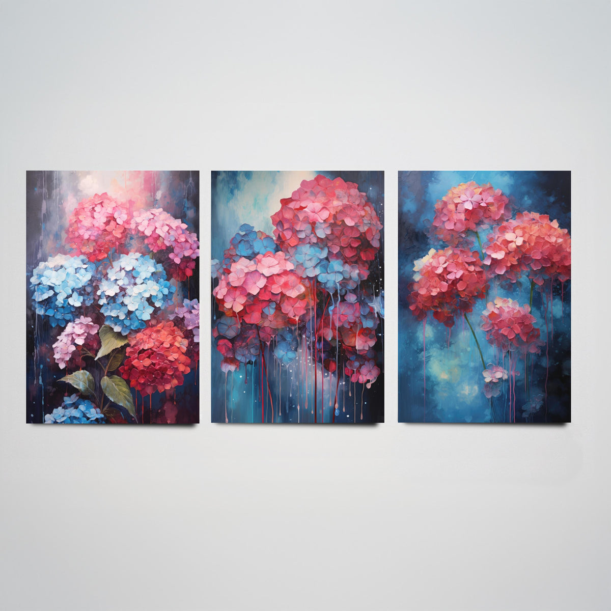 Hydrangeas Set of Three Art Prints - Pink, Coral and Blue Blooms on Navy - Abstract Floral Painting Poster