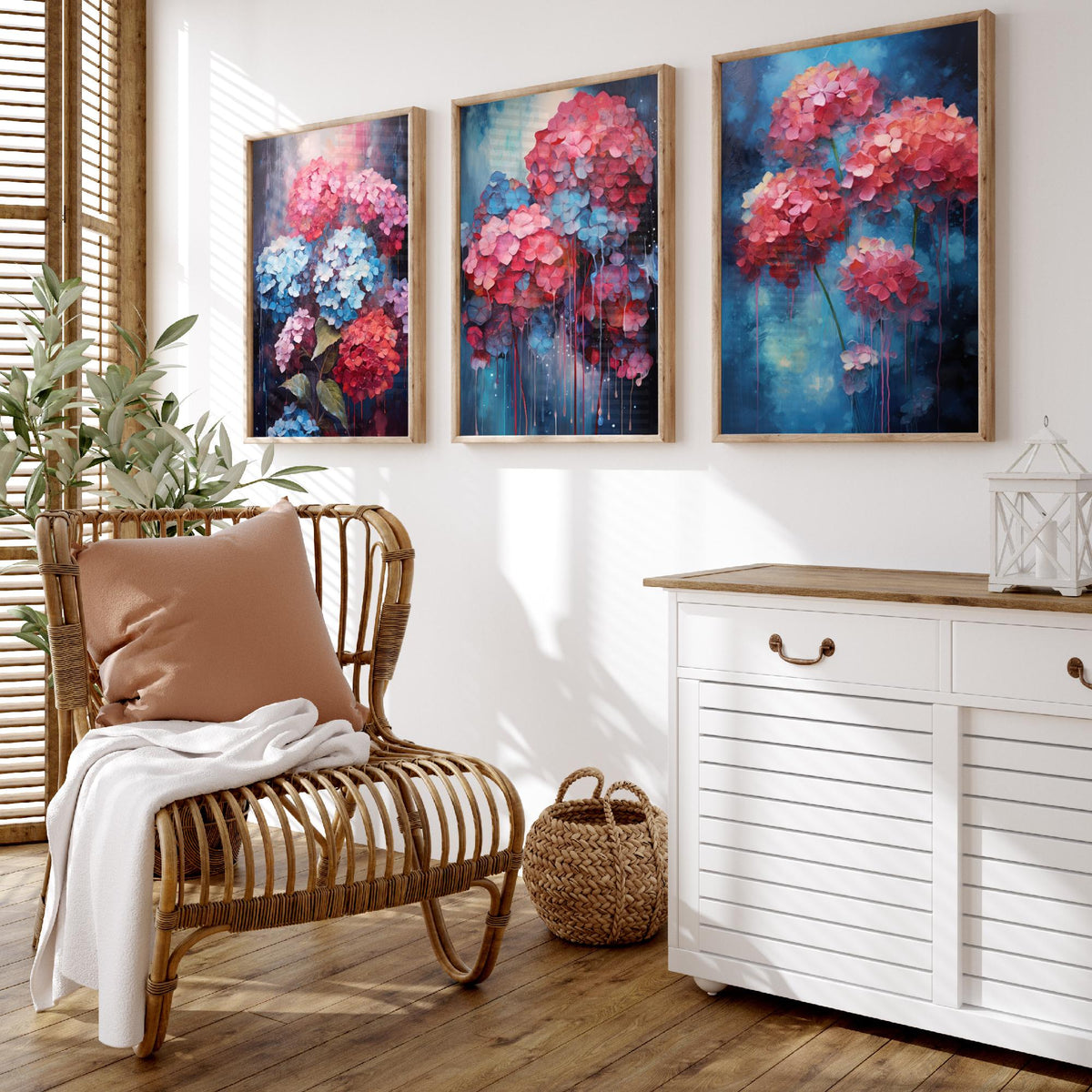 Hydrangeas Set of Three Art Prints - Pink, Coral and Blue Blooms on Navy - Abstract Floral Painting Poster