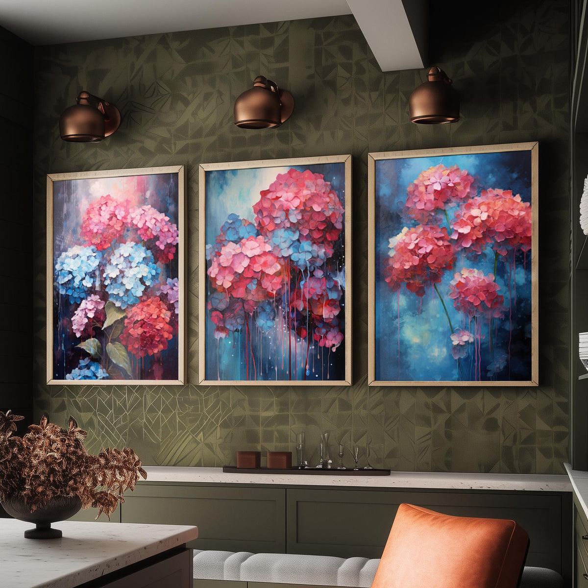 Hydrangeas Set of Three Art Prints - Pink, Coral and Blue Blooms on Navy - Abstract Floral Painting Poster