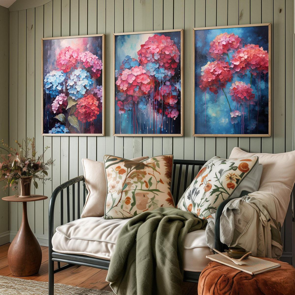 Hydrangeas Set of Three Art Prints - Pink, Coral and Blue Blooms on Navy - Abstract Floral Painting Poster