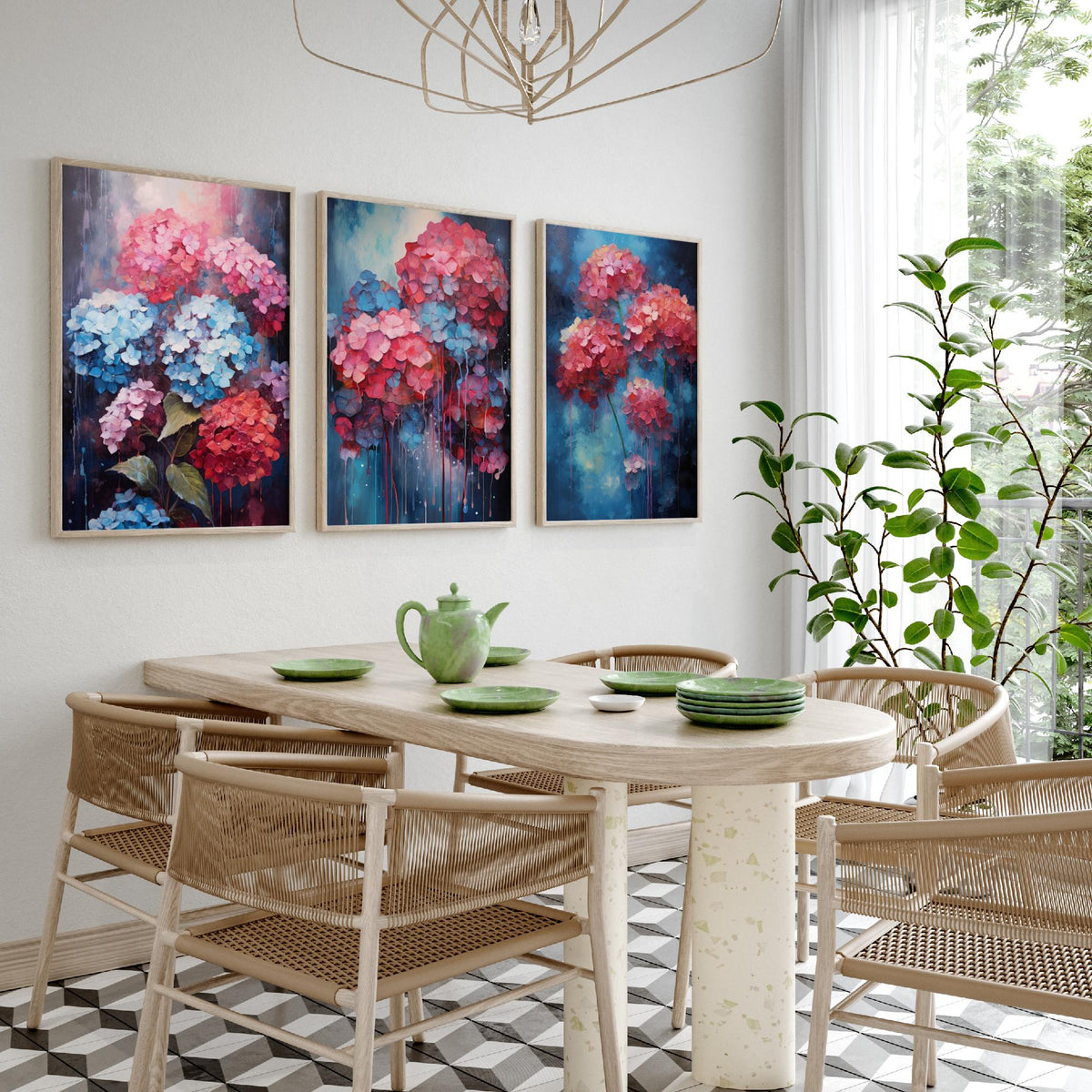 Hydrangeas Set of Three Art Prints - Pink, Coral and Blue Blooms on Navy - Abstract Floral Painting Poster