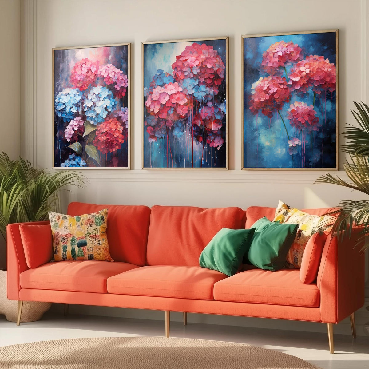 Hydrangeas Set of Three Art Prints - Pink, Coral and Blue Blooms on Navy - Abstract Floral Painting Poster