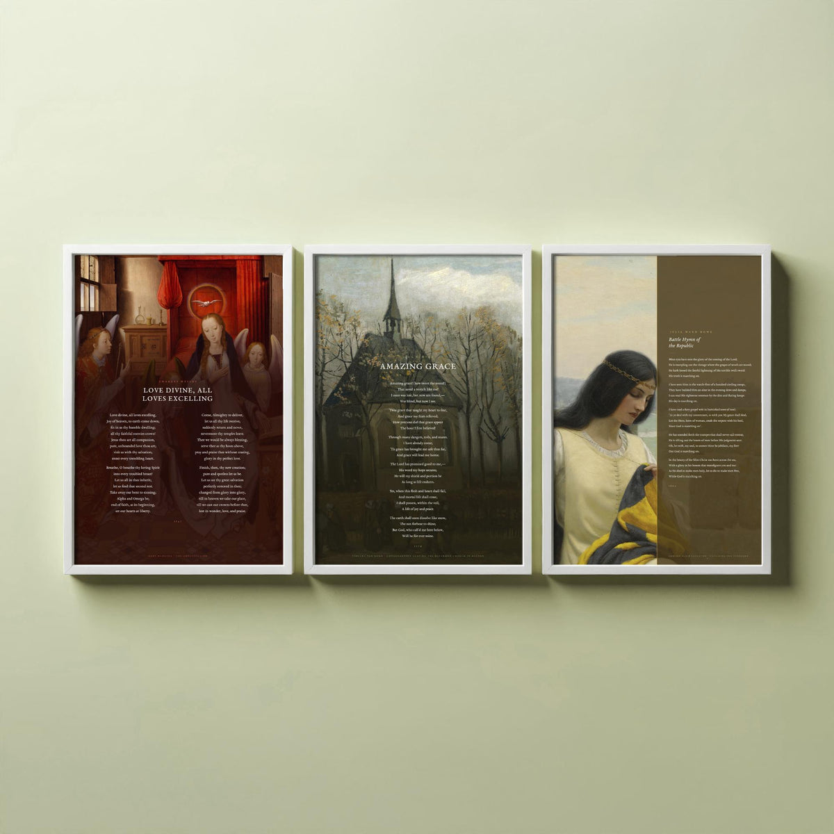 Classic Hymns Set of Three Art Prints - Amazing Grace, Love Divine, Battle Hymn of the Republic - Full Hymns over Classic Paintings - Poster