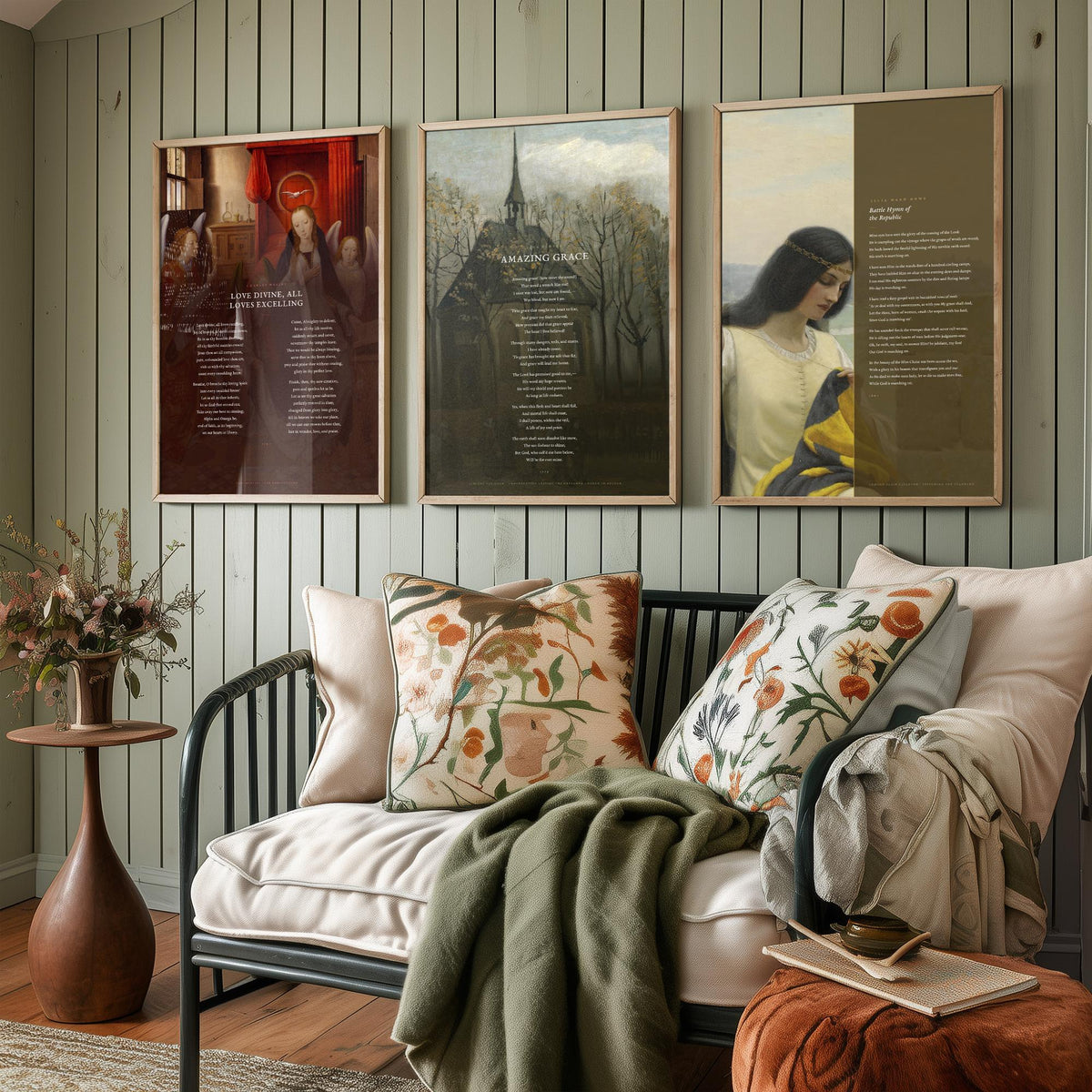 Classic Hymns Set of Three Art Prints - Amazing Grace, Love Divine, Battle Hymn of the Republic - Full Hymns over Classic Paintings - Poster