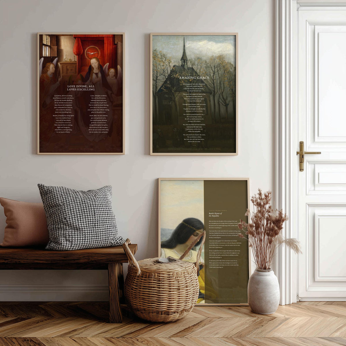 Classic Hymns Set of Three Art Prints - Amazing Grace, Love Divine, Battle Hymn of the Republic - Full Hymns over Classic Paintings - Poster