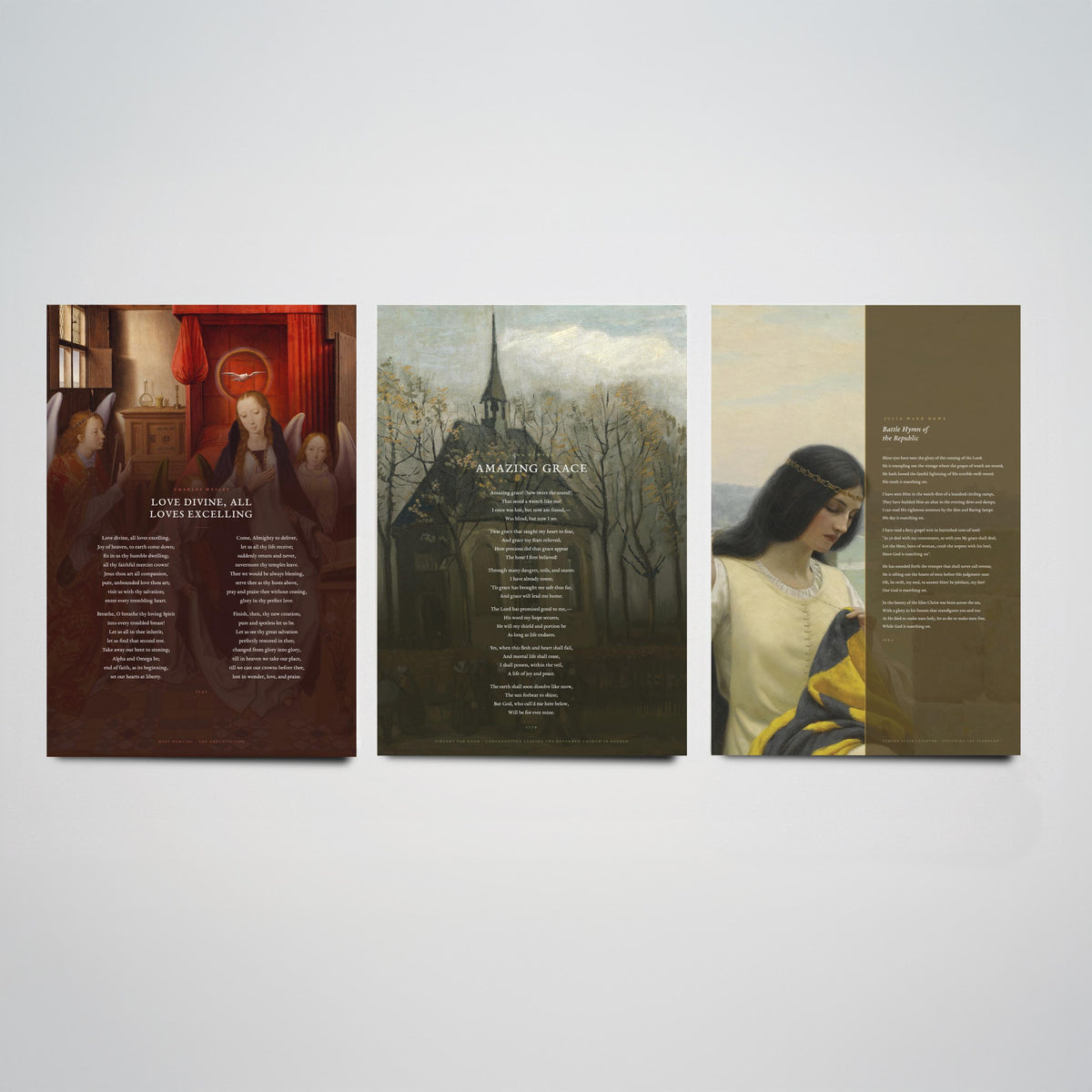 Classic Hymns Set of Three Art Prints - Amazing Grace, Love Divine, Battle Hymn of the Republic - Full Hymns over Classic Paintings - Poster