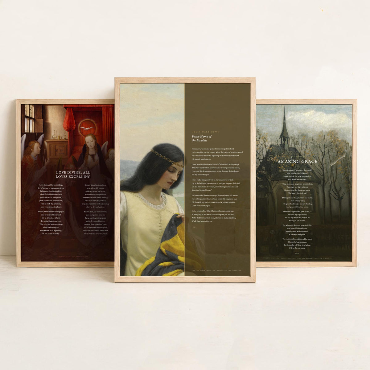 Classic Hymns Set of Three Art Prints - Amazing Grace, Love Divine, Battle Hymn of the Republic - Full Hymns over Classic Paintings - Poster