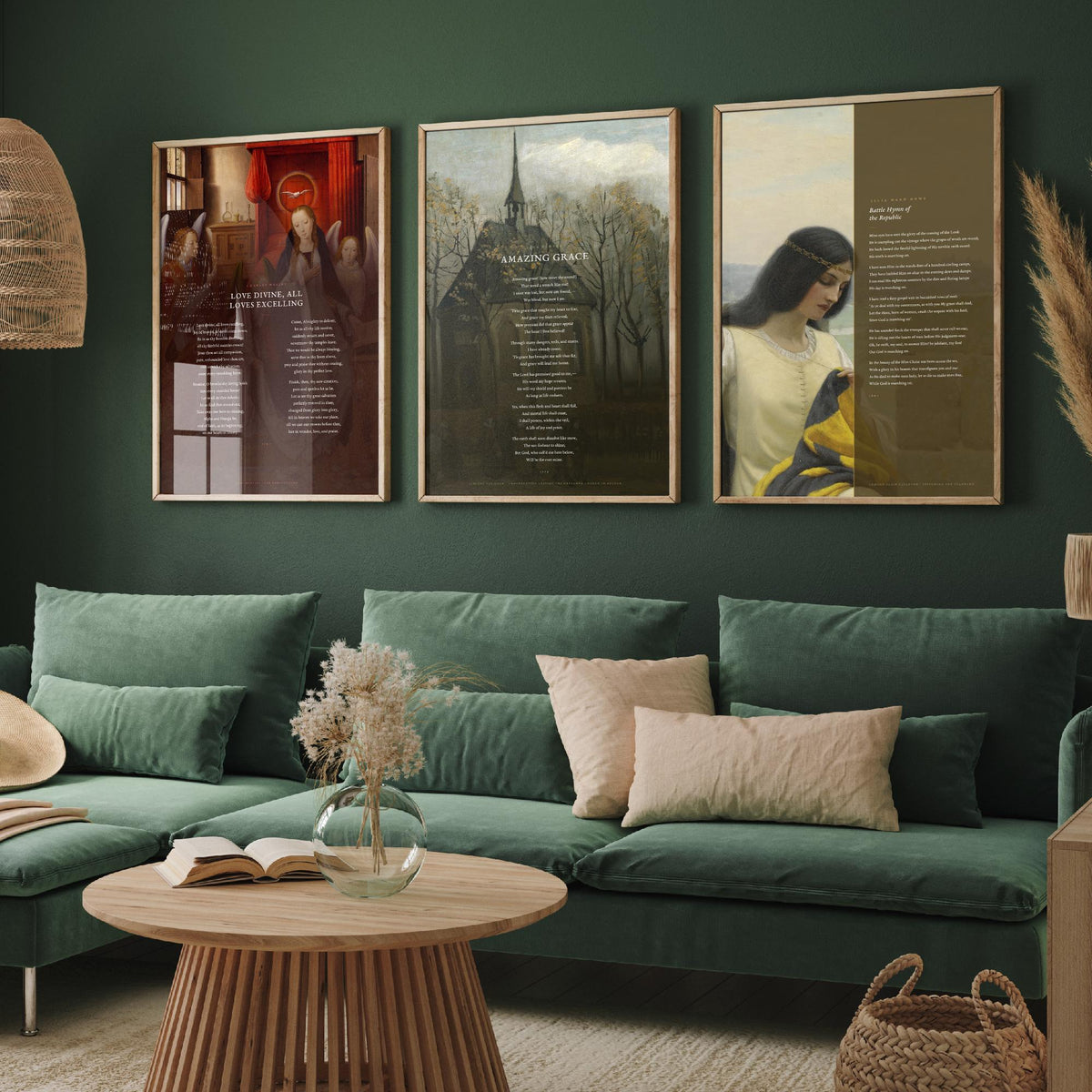 Classic Hymns Set of Three Art Prints - Amazing Grace, Love Divine, Battle Hymn of the Republic - Full Hymns over Classic Paintings - Poster