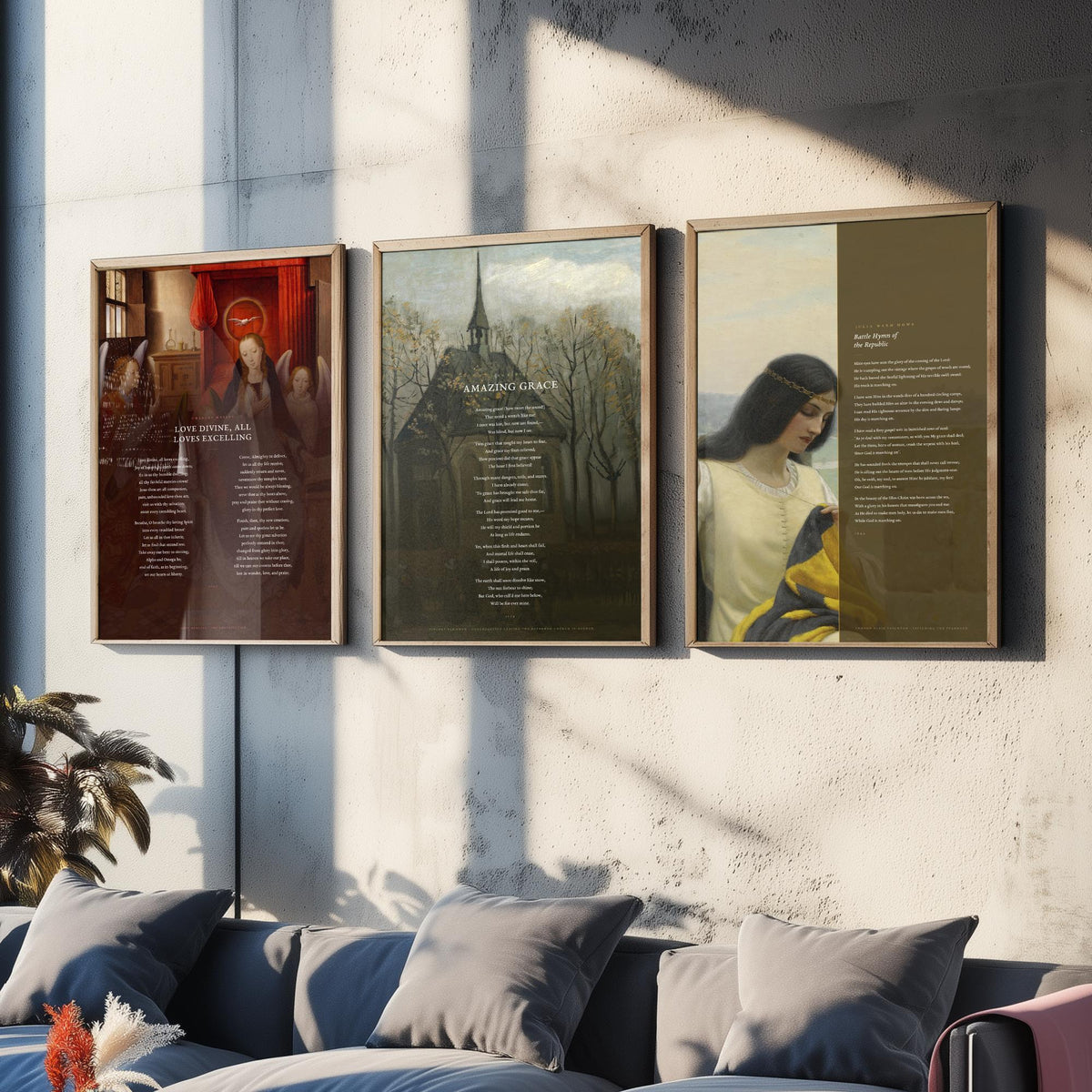 Classic Hymns Set of Three Art Prints - Amazing Grace, Love Divine, Battle Hymn of the Republic - Full Hymns over Classic Paintings - Poster