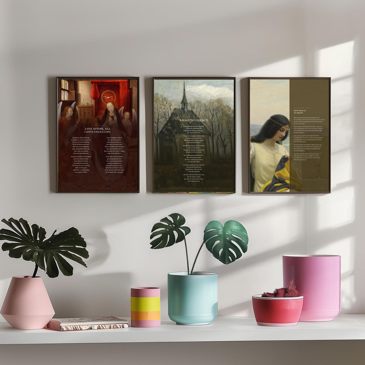 Classic Hymns Set of Three Art Prints - Amazing Grace, Love Divine, Battle Hymn of the Republic - Full Hymns over Classic Paintings - Poster