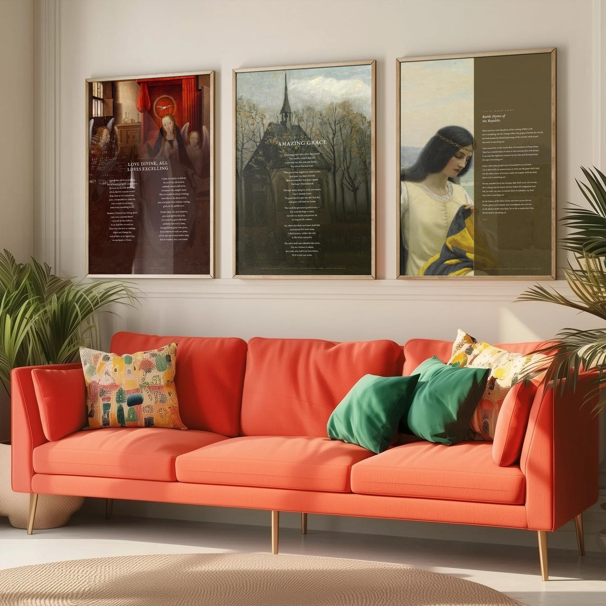 Classic Hymns Set of Three Art Prints - Amazing Grace, Love Divine, Battle Hymn of the Republic - Full Hymns over Classic Paintings - Poster