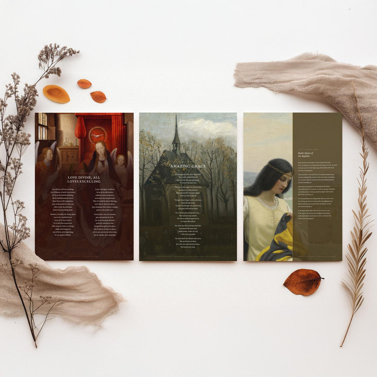 Classic Hymns Set of Three Art Prints - Amazing Grace, Love Divine, Battle Hymn of the Republic - Full Hymns over Classic Paintings - Poster