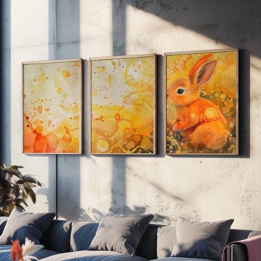 Bunny Set of Three Art Prints - 3 Glowing Rabbit Posters - Yellow Orange Watercolour Wall Art Gift Nursery Kids Cute Animal Decor