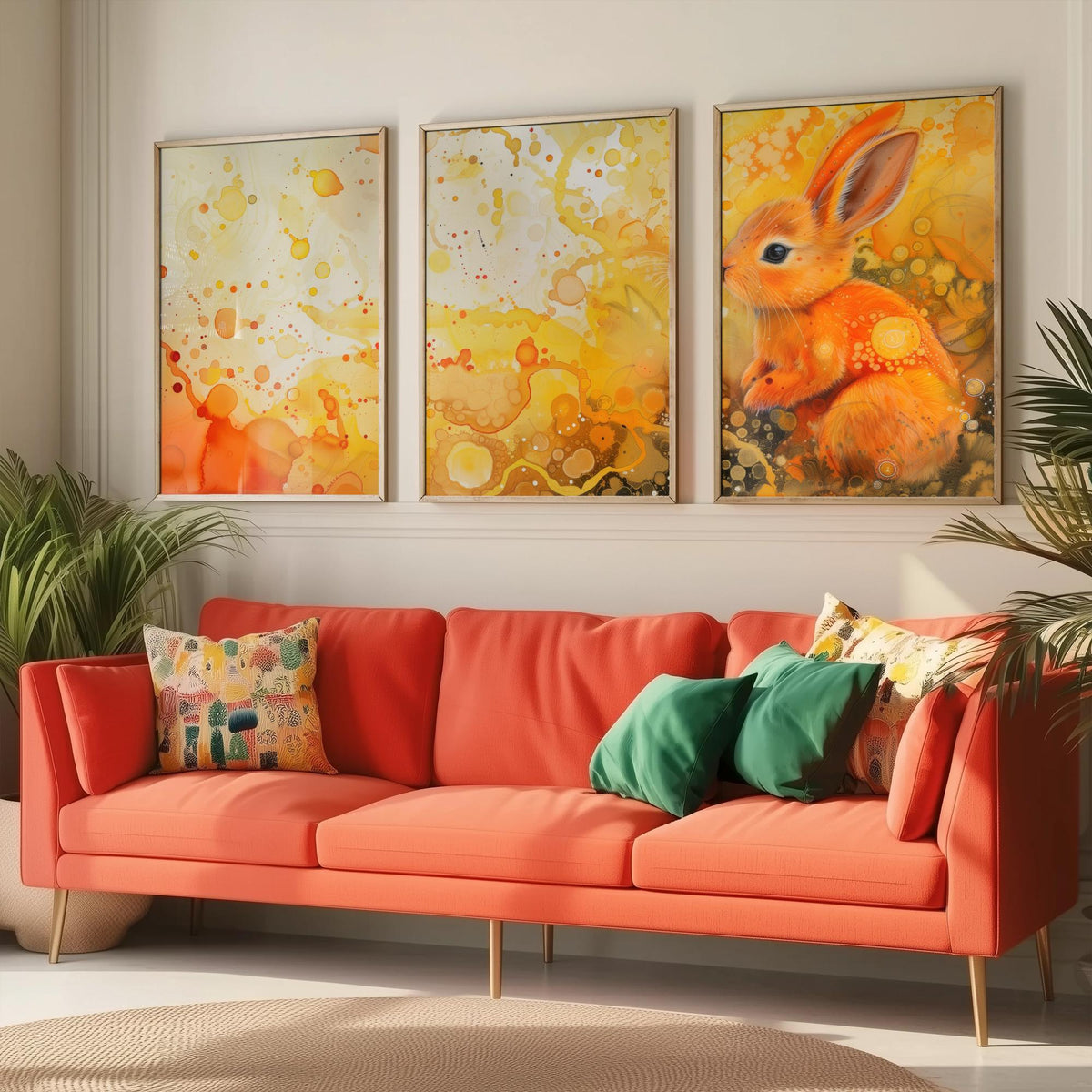 Bunny Set of Three Art Prints - 3 Glowing Rabbit Posters - Yellow Orange Watercolour Wall Art Gift Nursery Kids Cute Animal Decor