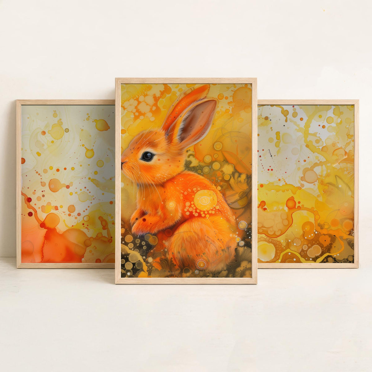 Bunny Set of Three Art Prints - 3 Glowing Rabbit Posters - Yellow Orange Watercolour Wall Art Gift Nursery Kids Cute Animal Decor