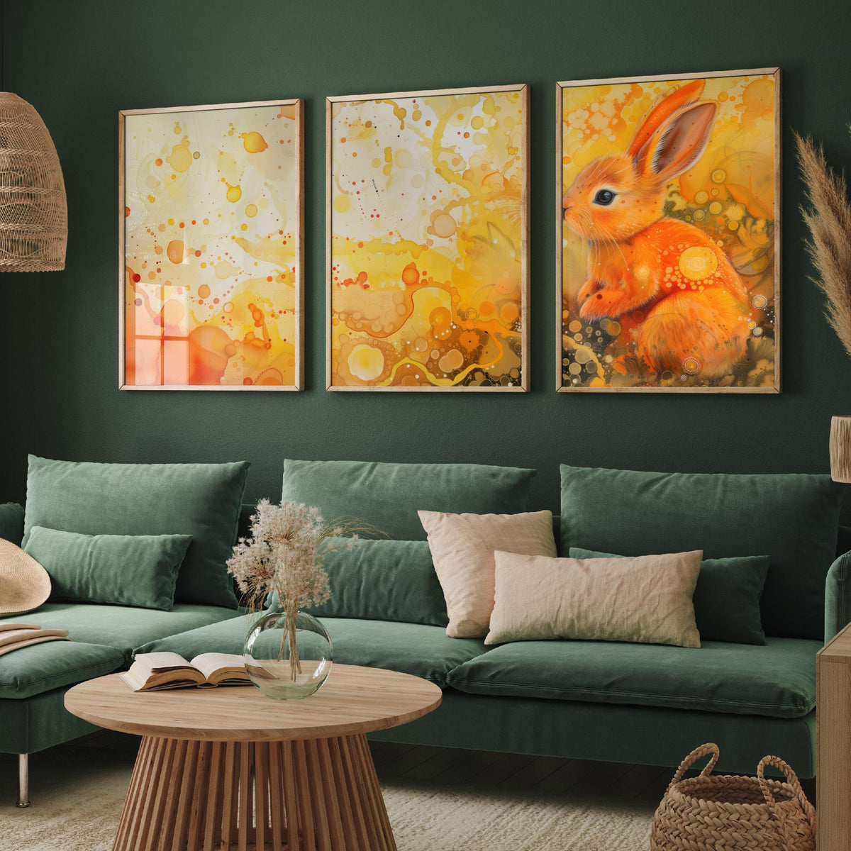 Bunny Set of Three Art Prints - 3 Glowing Rabbit Posters - Yellow Orange Watercolour Wall Art Gift Nursery Kids Cute Animal Decor