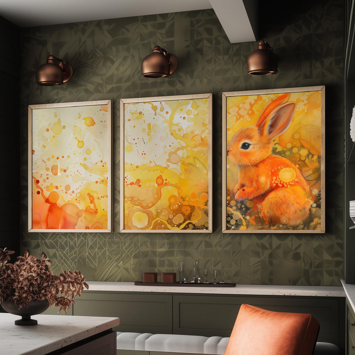 Bunny Set of Three Art Prints - 3 Glowing Rabbit Posters - Yellow Orange Watercolour Wall Art Gift Nursery Kids Cute Animal Decor