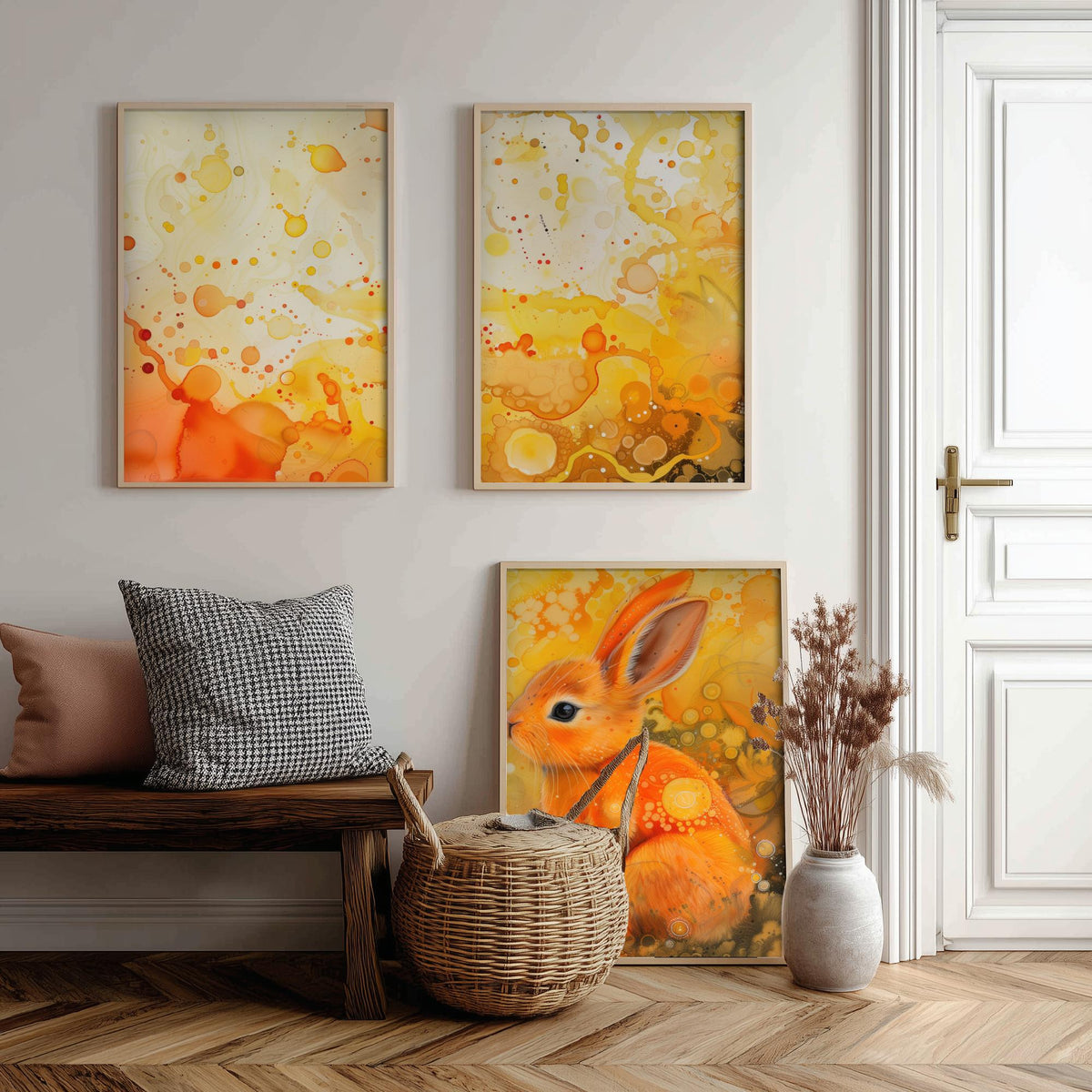 Bunny Set of Three Art Prints - 3 Glowing Rabbit Posters - Yellow Orange Watercolour Wall Art Gift Nursery Kids Cute Animal Decor