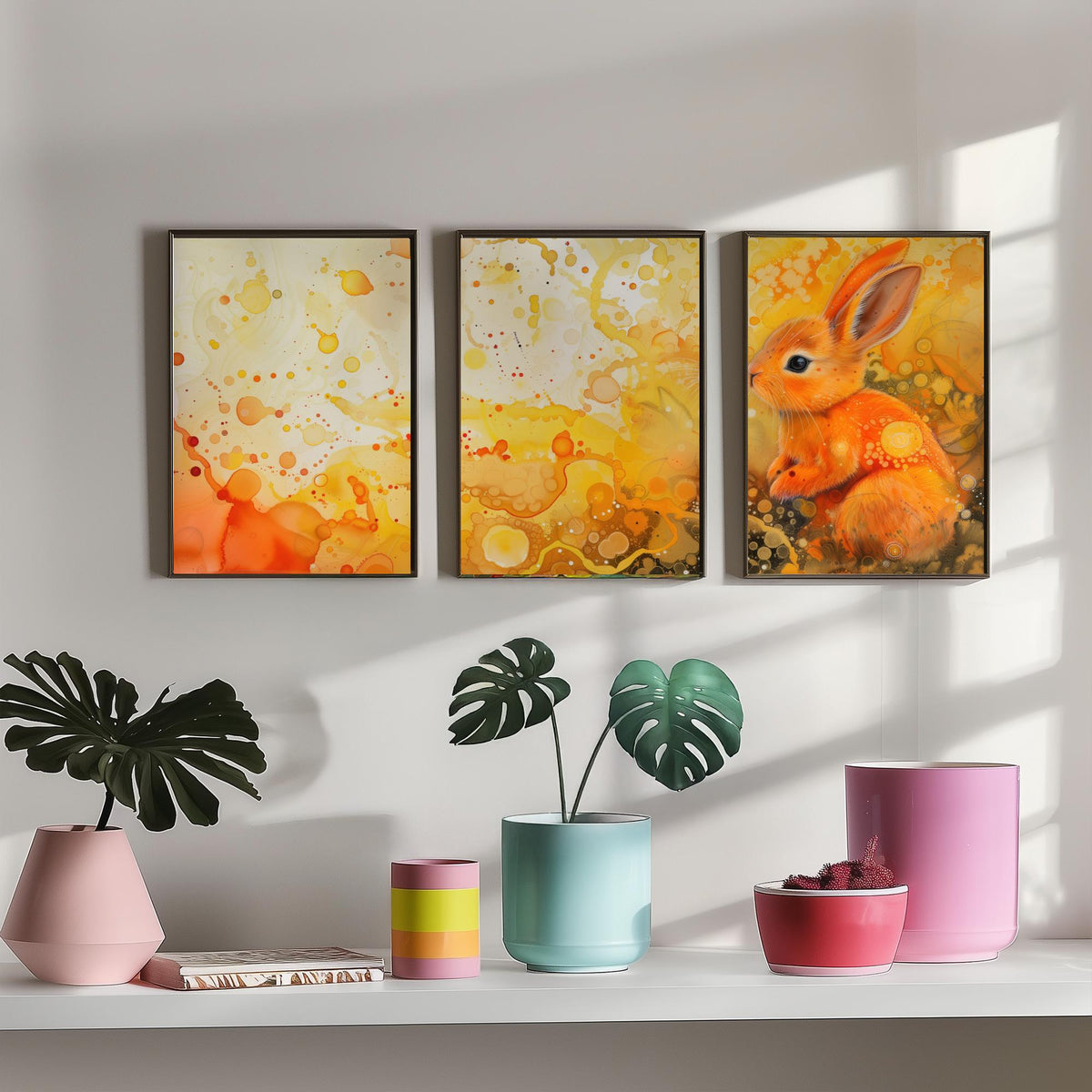 Bunny Set of Three Art Prints - 3 Glowing Rabbit Posters - Yellow Orange Watercolour Wall Art Gift Nursery Kids Cute Animal Decor