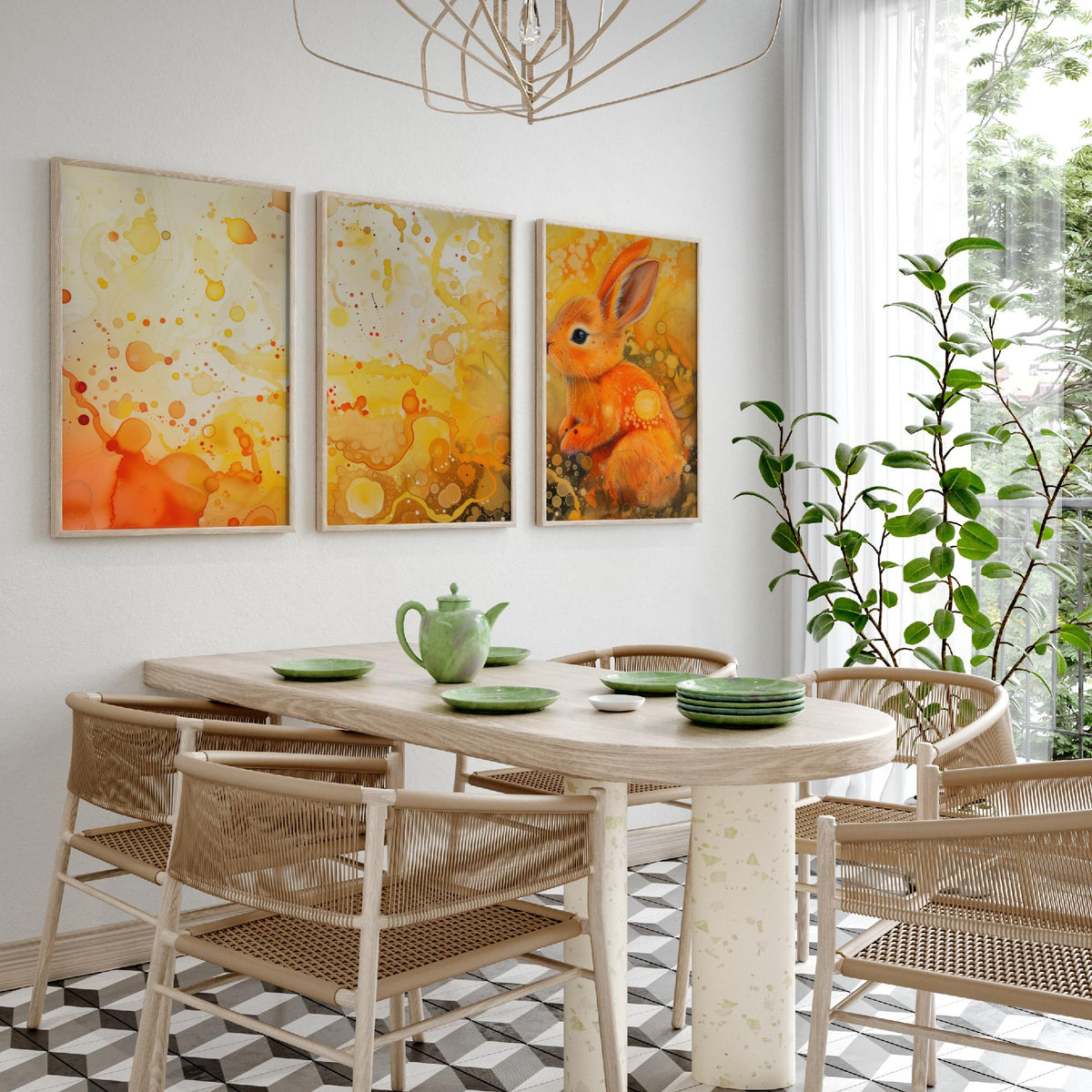 Bunny Set of Three Art Prints - 3 Glowing Rabbit Posters - Yellow Orange Watercolour Wall Art Gift Nursery Kids Cute Animal Decor